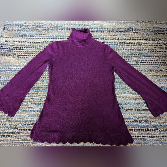 Isaac Mizrahi Women's S Scalloped Bell Sleeve Turtleneck Sweater Purple Pullover - Picture 2 of 10